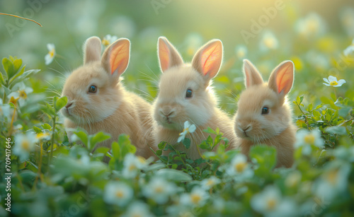 Easter, Joyful and lively scene of bunnies and bunnies in a spring meadow, symbolizing freshness and nature's beauty. easter concept