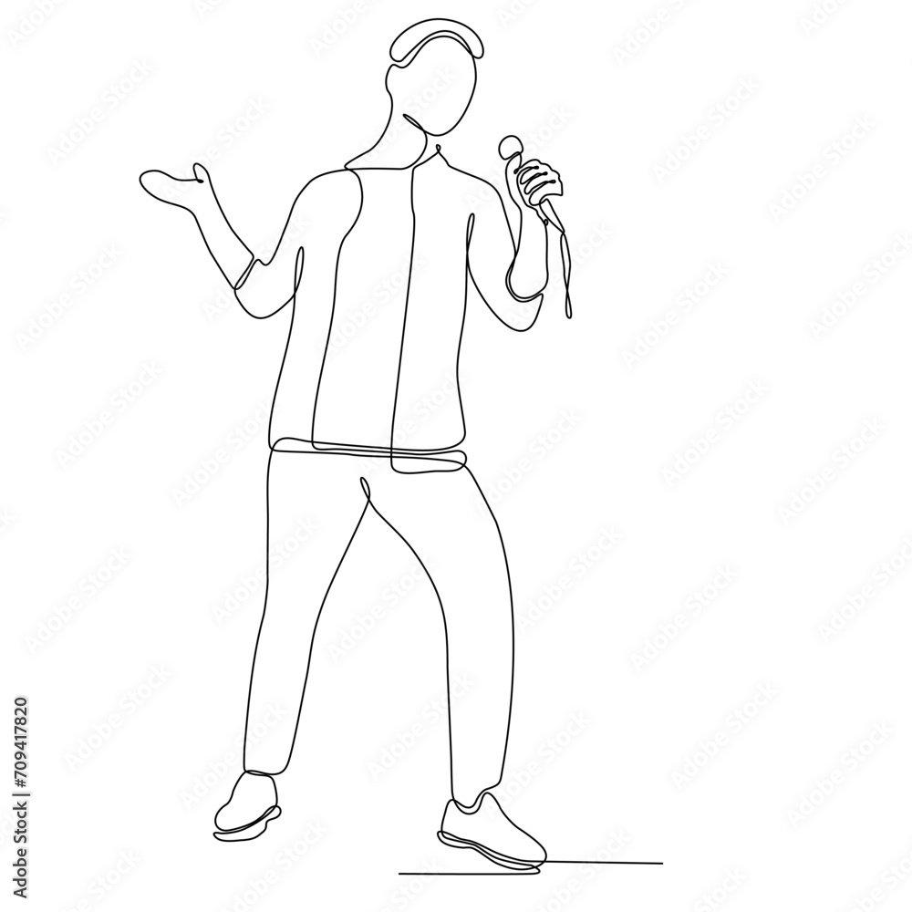 Single line drawing of happy young male pop singer holding microphone and singing on music concert stage. Trendy musician artist performance concept vector illustration one line draw design Single line drawing of happy young male pop singer holding microphone and singing on music concert stage. Trendy musician artist performance concept vector illustration one line draw design