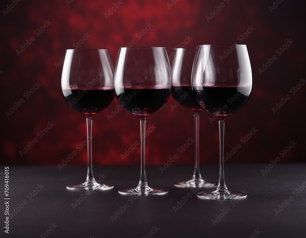 Red wine in a glass on a dark red and black background. Three glasses for wine. A romantic drink for a party, liquor store or wine tasting. Copy space