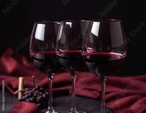 Red wine in a glass on a dark red and black background. Three glasses for wine. A romantic drink for a party, liquor store or wine tasting. Copy space
