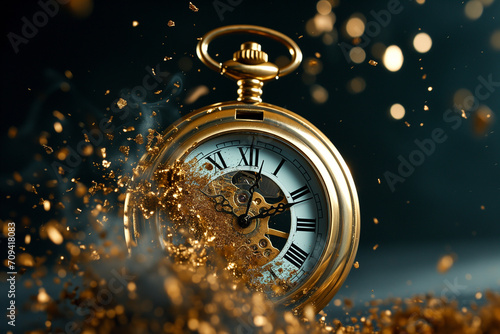 Golden pocket watch mid-explosion, with gears visible and particles scattered around, set against a dark background with glowing bokeh lights