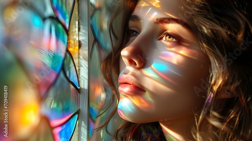 Young woman's face shining in the light of a prism stained glasss, face skin care, fashion and makeup concept background
