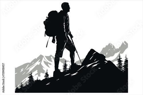 Mountain Hiking Silhouette Vector, hiking man vector, mountain hiking man vector