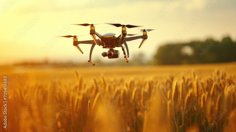 Innovative Farming In a field of golden wheat, a drone hovers above, spreading seeds with precision and efficiency, revolutionizing traditional ods of farming.