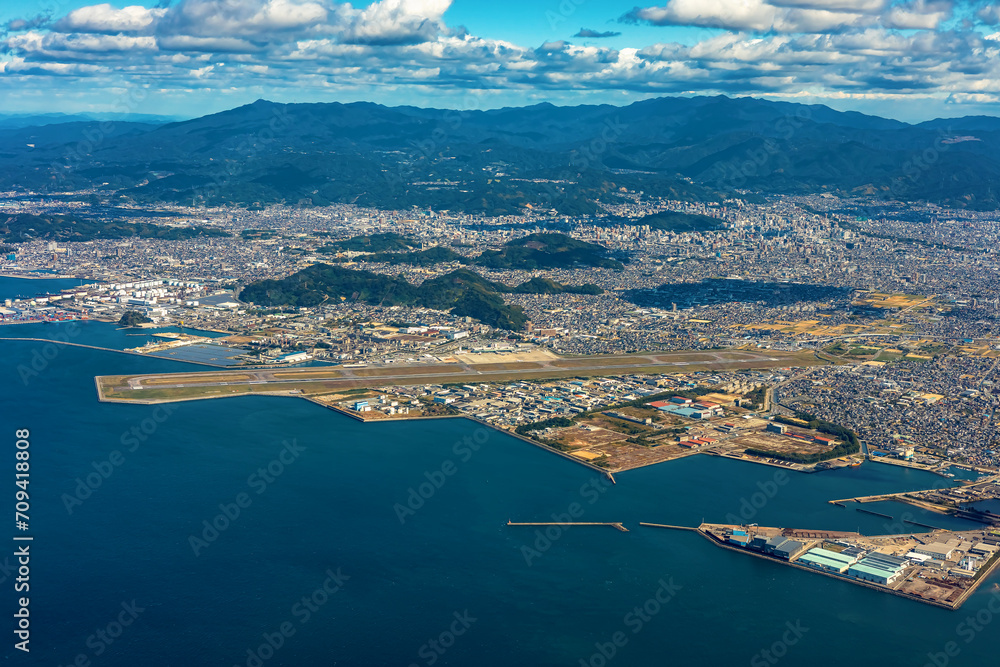 Aerial view of Matsuyama, Ehime, Japan on a clear day
