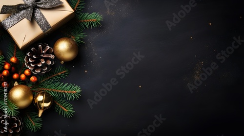 Black Luxury christmas background with gift boxes, ball and pines