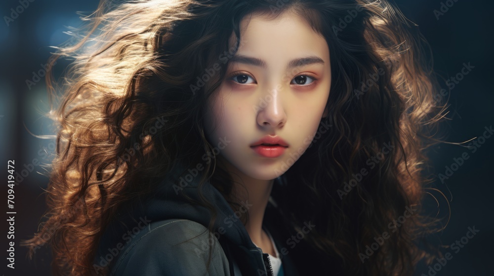 Fototapeta premium Photorealistic Teen Chinese Woman with Brown Curly Hair Futuristic Illustration. Portrait of a person in cyberpunk style. Cyberspace Ai Generated Horizontal Illustration.