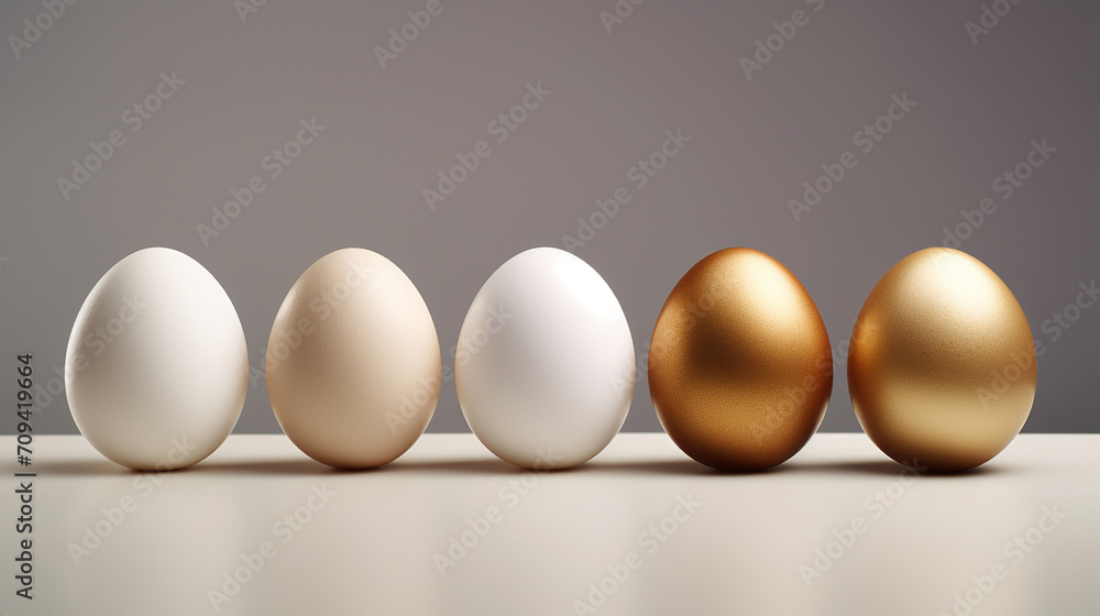five eggs ordered in a line. three eggs white two egg gold. Leader and business concept 3d render five eggs ordered in a line. three eggs white two egg gold. Leader and business concept 3d render
