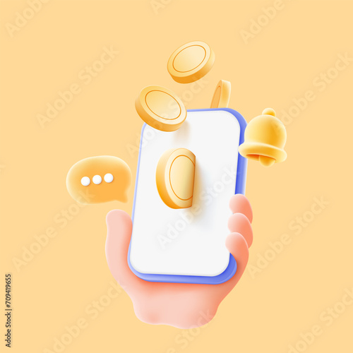 Online payments coin floating on smartphone. money transaction via app, income deposit and cashback, Internet banking concept on yellow background. minimal cartoon style. 3d vector illustration