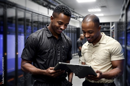 two african american black people training and working at a tech job in a server room with many technical computers
