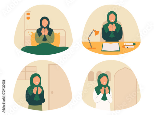 Illustration of Muslim woman doing daily prayer 