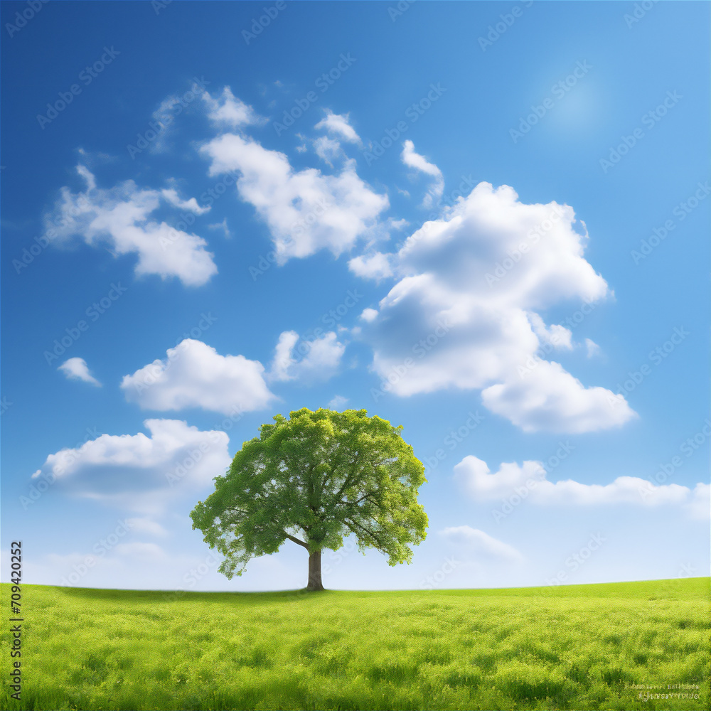 Fototapeta premium tree on a field with blue sky background