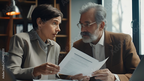 Two professional executives discussing financial accounting papers working together in office. Mature business woman manager consulting older man client holding legal documents at meeting