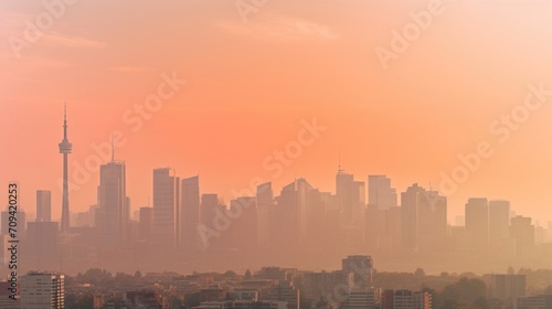 Panoramic view of the city skyline, shrouded in a hazy heatwave haze, as seen from a rooftop observation deck.