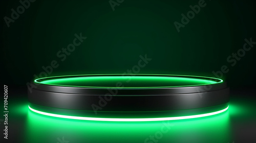 platform for design blank product stand with green neon light glow. 3D Rendering Illustration