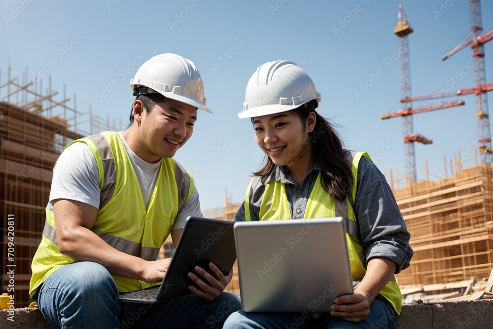 A diverse group of people working together at a construction site A diverse group of people working together at a construction site