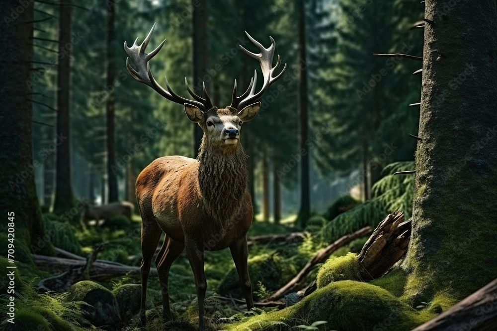 Obraz premium Deer, Cervus elaphus, with antlers growing on velvet.A huge deer in deep spruce forest. Wild animals in spring