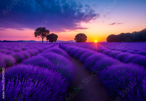 Landscape of beautiful lavender fields and sunset.