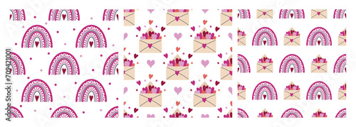 Cute pink rainbow and envelope with hearts, seamless vector pattern set. Romantic symbols of Valentines day, date, wedding. Love letter, valentine. Flat cartoon backgrounds for holiday cards, print