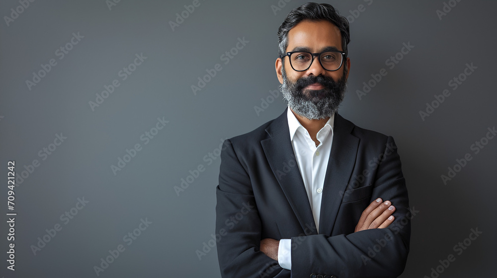 © l1gend - Proud confident bearded indian business man investor, rich ethnic ceo, corporate executive, professional lawyer banker, male office employee standing isolated on gray with arms crossed. Portrait