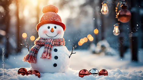  cute snowman with gifts for happy christmas, Winter holiday christmas background banner - Closeup of cute funny laughing snowman with wool hat and scarf, on snowy snow snowscape with bokeh lights © Stewart Bruce