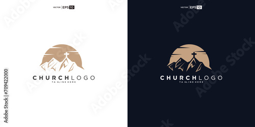 church logo designs with mountain, minimalist logo. People church vector logo design template