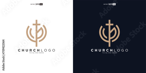 Leaf growth and church line style logo vector design