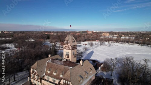 Winnipeg's Assiniboine Park pavilion in winter, 4K aerial photo
