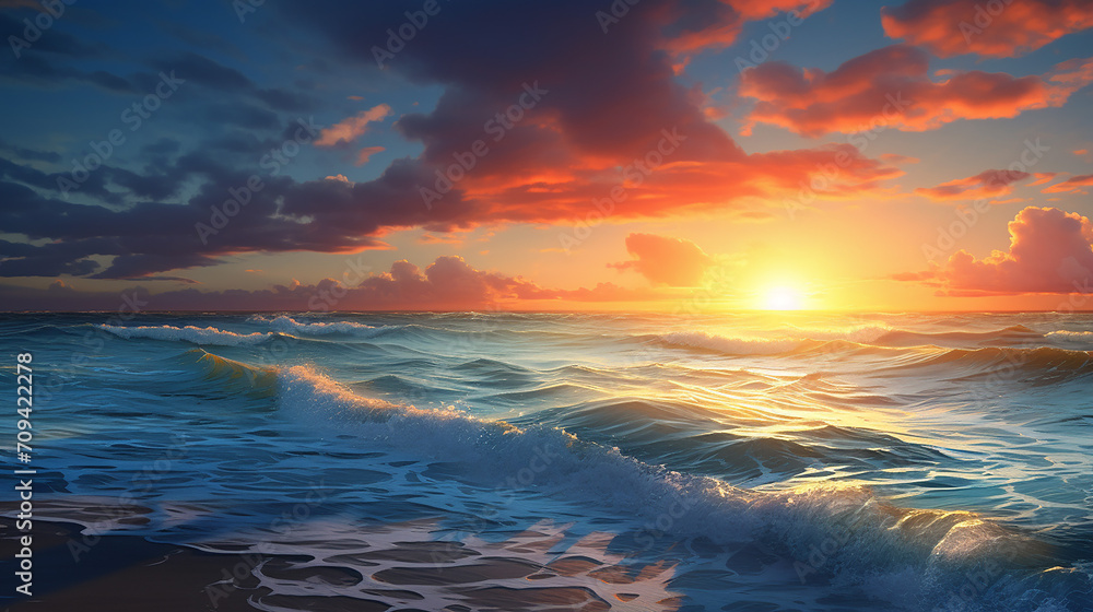 beautiful panorama of sea waves on the background of dawn