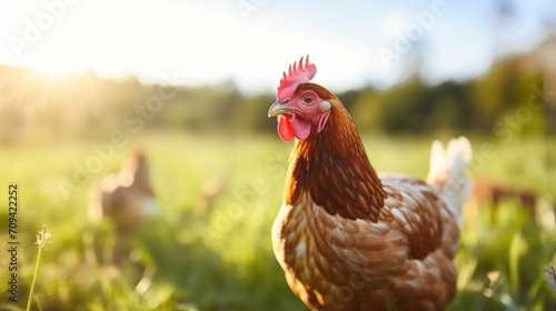 A closeup shot of a chicken pecking in a spacious, grassy field on an organic certified farm, highlighting the emphasis on freerange and natural conditions for animals.