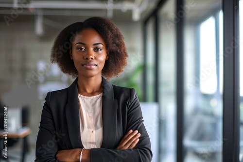 Confident smiling young professional business woman ceo corporate leader, female African American lawyer or leader manager wearing suit standing arms crossed in office, headshot, Generative AI 