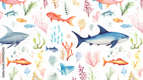 sea animals watercolor seamless pattern © Aura