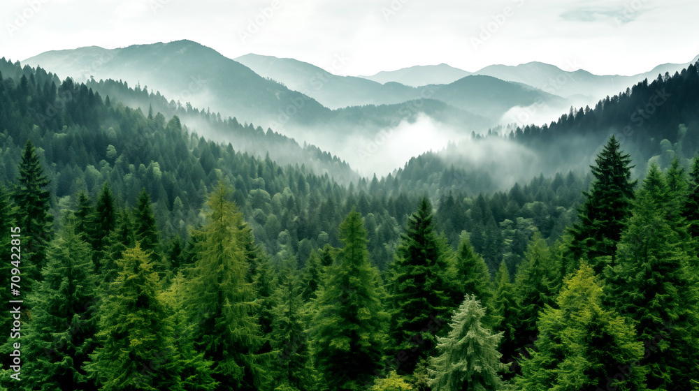 landscape nature green pine forest trees with layered mountain behind with mist