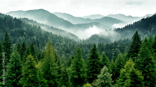 landscape nature green pine forest trees with layered mountain behind with mist © polarbearstudio