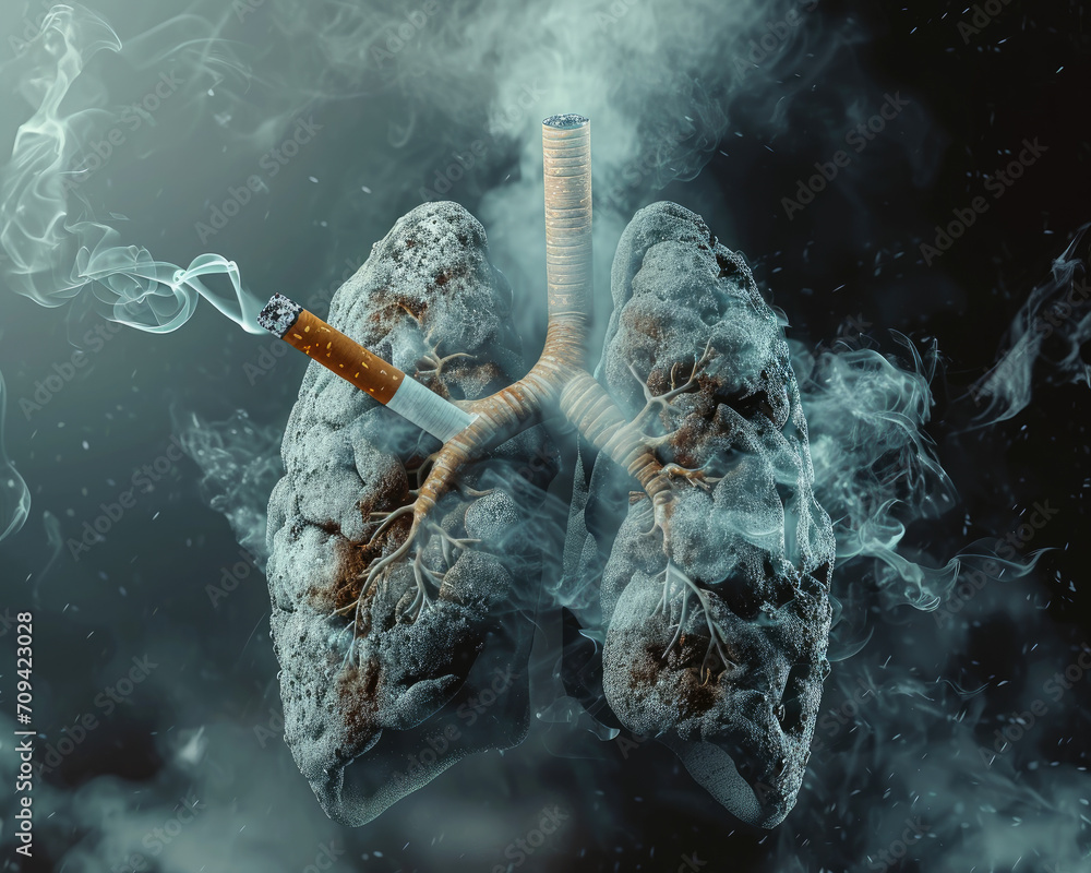 Dangerous cigarette smoke causing damage to lungs. Lung disease from smoking tobacco Stock