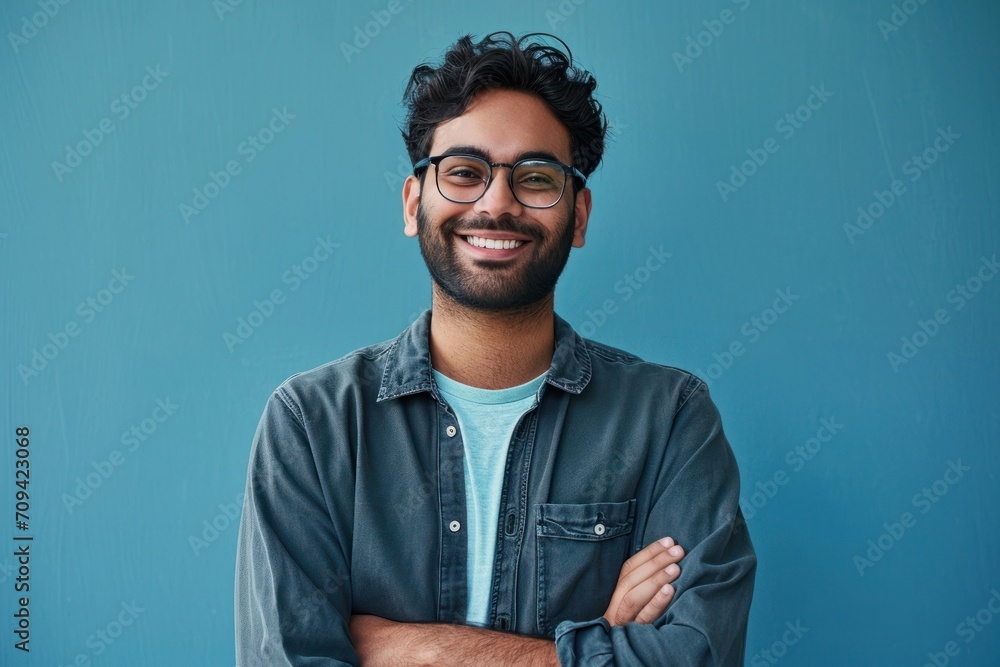 Obraz premium Smiling confident arab young man, male student, professional employee or programmer standing isolated on blue background. Happy handsome ethnic guy wearing shirt and glasses, Generative AI 