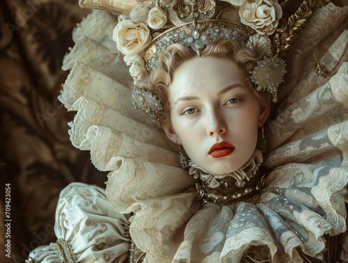 Closeup of a medieval queen in full regal, surreal fashion