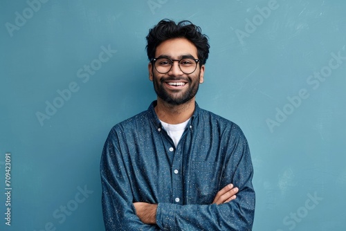 Smiling confident arab young man, male student, professional employee or programmer standing isolated on blue background. Happy handsome ethnic guy wearing shirt and glasses, Generative AI  photo