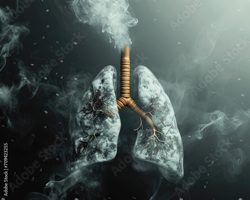 Dangerous cigarette smoke causing damage to lungs. Lung disease from smoking tobacco photo