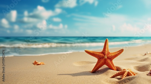 starfish and seashell on the summer beach in the water with blue sky