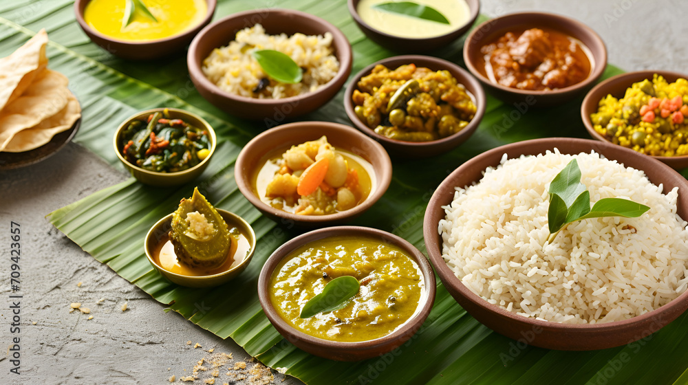 Traditional food Onam Sadya served on Festival day onam, Vegetarian meal with rice and curries, kerala food, Kerala
