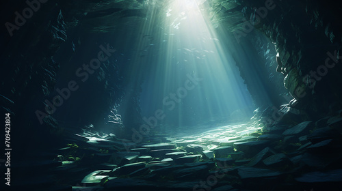 beautiful underwater scene with sunlight into the underwater cave