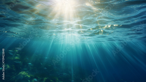 beautiful underwater scene with sunbeams under the ripples ocean water surface © Aura