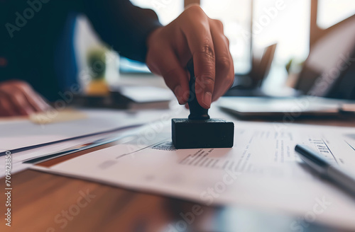 Person pressing a rubber stamp on a document at office desks
