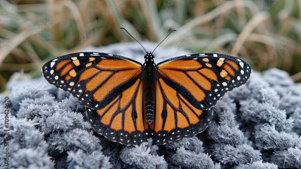 Fototapeta premium Monarch Butterfly on Frosty Plant in Nature
