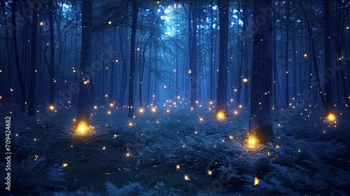 Enchanted Blue Forest with Magical Fireflies