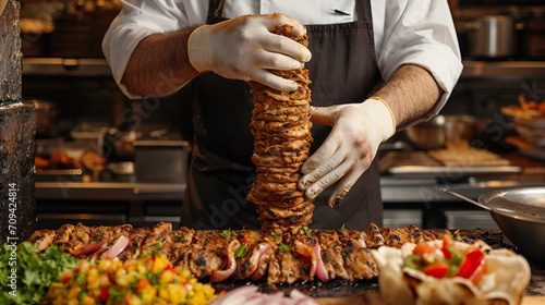 Chef preparing and making Traditional Turkish Doner Kebab meat. Shawarma or gyros. Turkish, greek or middle eastern arab style chicken doner kebab food on isolated white photo