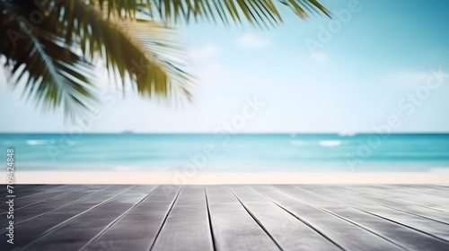 beach with palm trees and wooden tabel for product in front