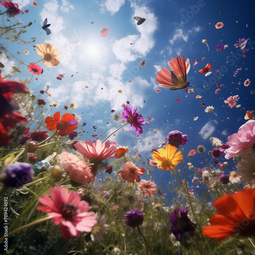 In a fairytale-like forest with flowers flying in the sky.Generative AI 