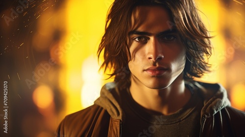 Photorealistic Teen Persian Man with Brown Straight Hair Futuristic Illustration. Portrait of a person in cyberpunk style. Cyberspace Ai Generated Horizontal Illustration.